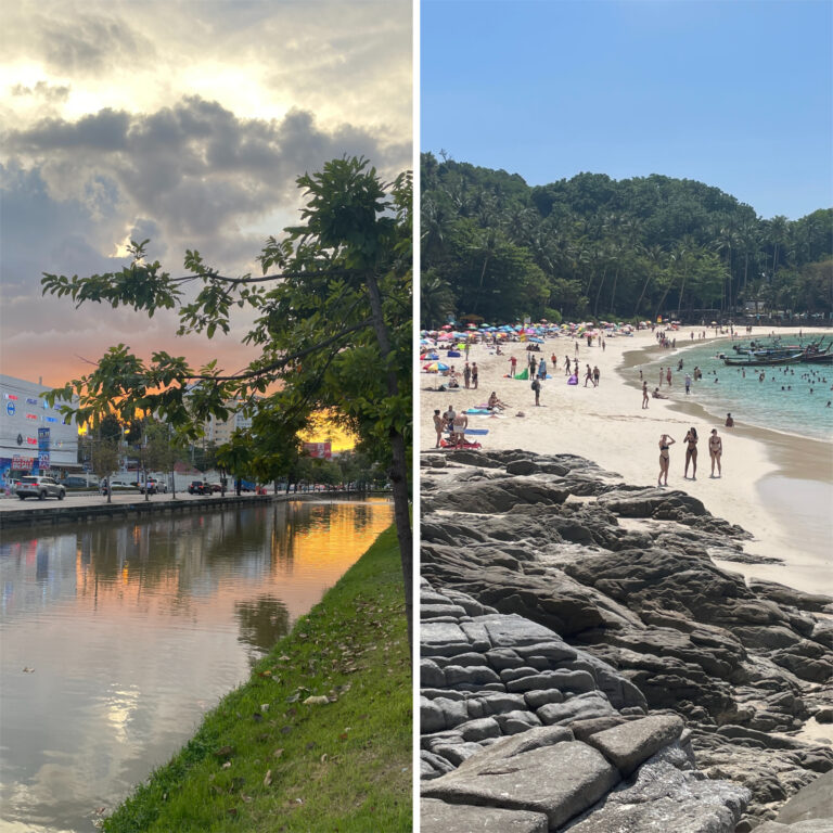 side by side photos showing Chiang Mai or Phuket, Chiang Mai's Old City River and Puhket's Freedom beach