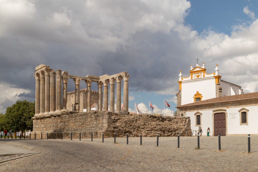 a museum next to ancient old ruins in Evora, Portugal 