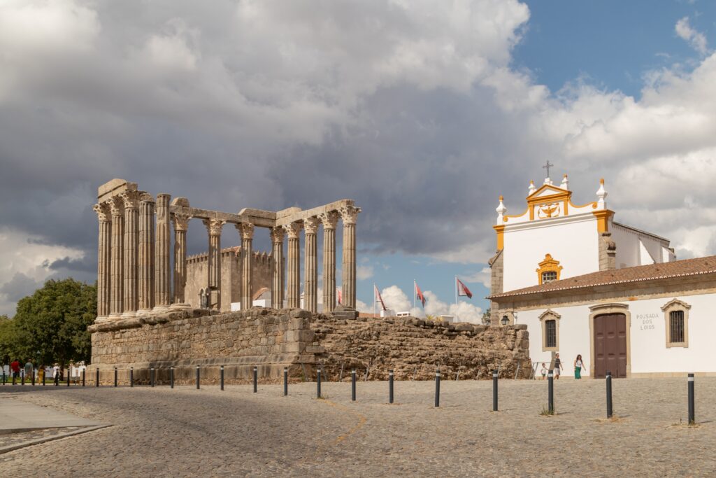 a museum next to ancient old ruins in Evora, Portugal