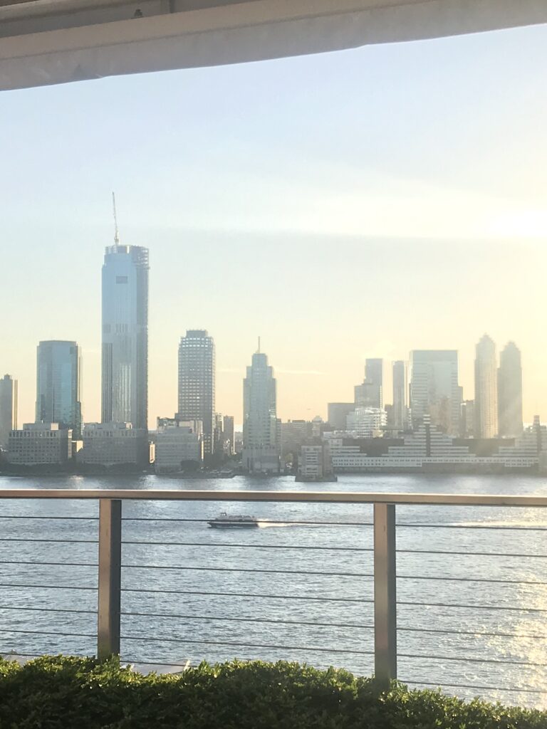 views of the Hudson River and Jersey City during sunset in the Summer from a rooftop 