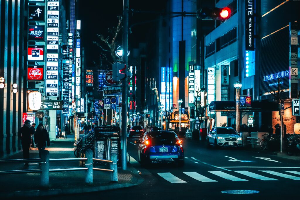 views of the vibrant lit-up streets of Nagoya, Japan