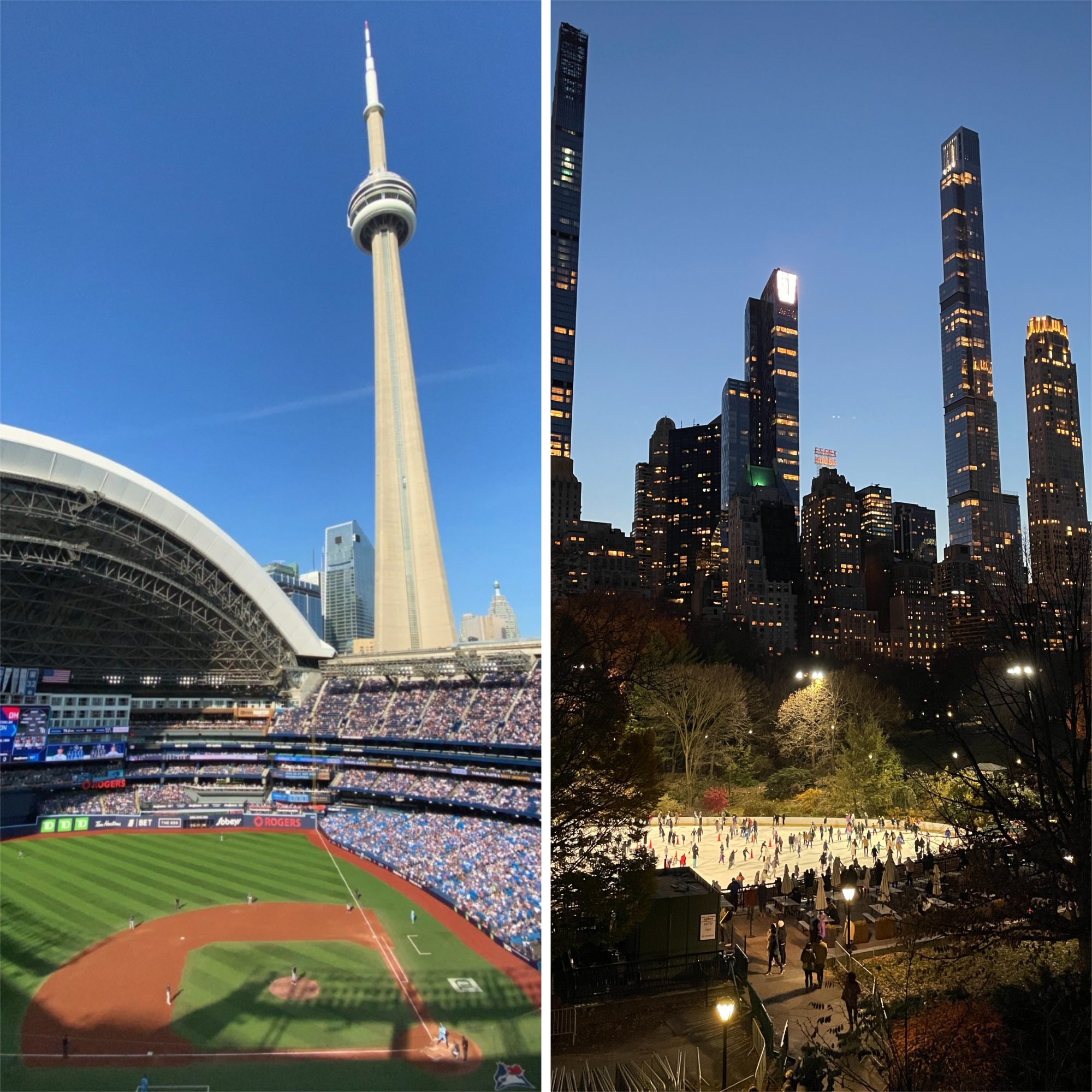 side by side photos of Toronto vs NYC each displaying city's famous attraction