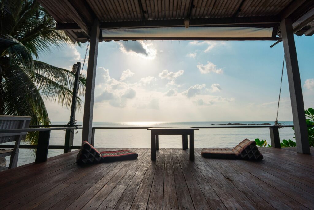 deck with seaviews during sunset at a bungalow in Koh Phangan, Thailand