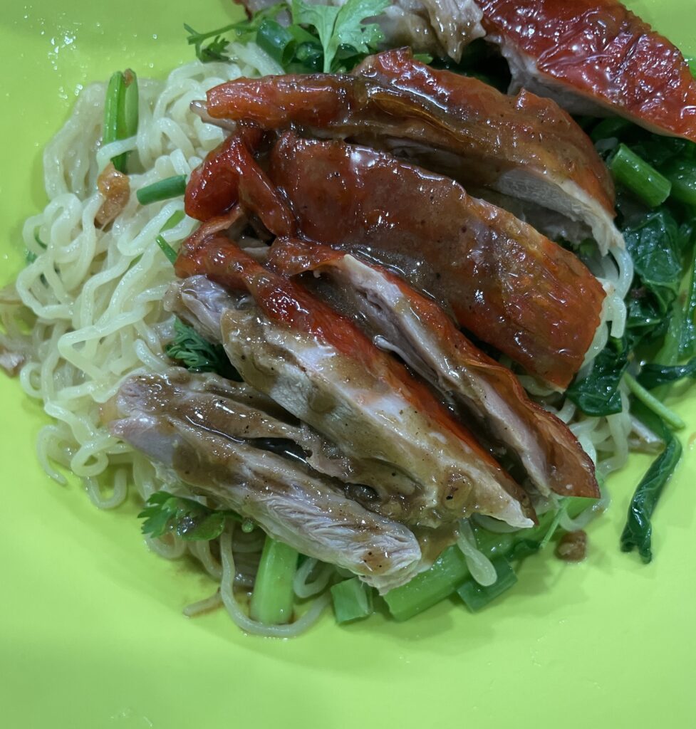 roasted duck served on warm egg noodles at restaurant in Chiang Mai 