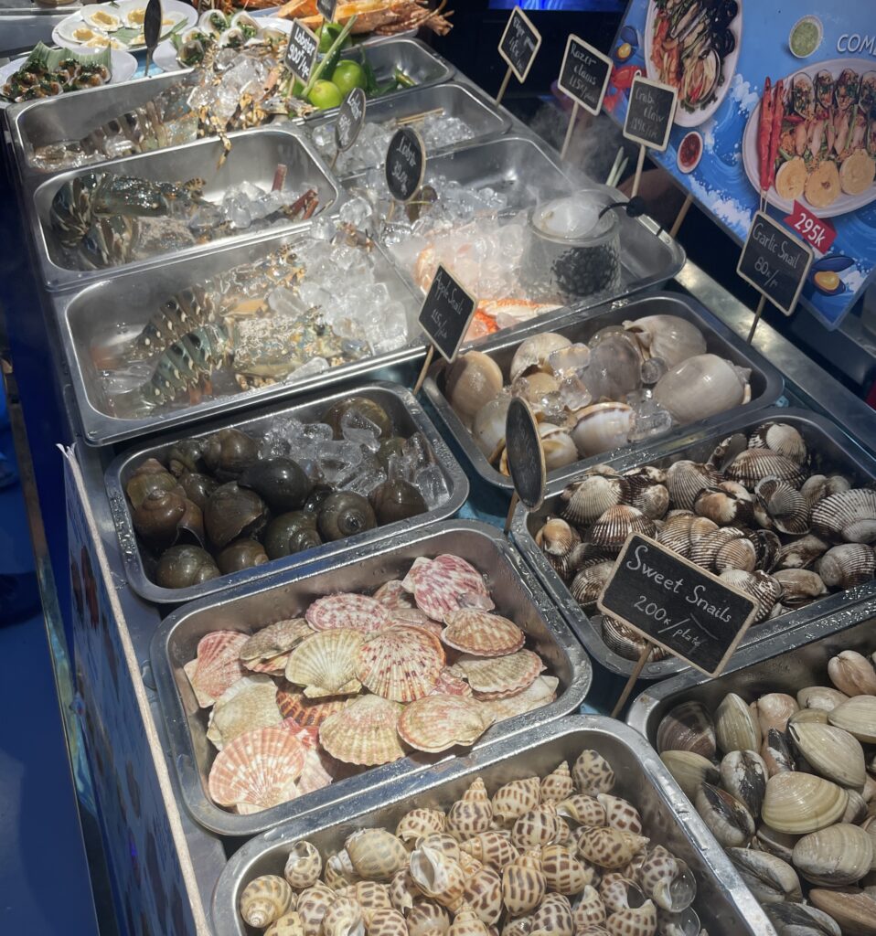 a large variety of fresh seafood on display at the Ben Nghe Food Market 