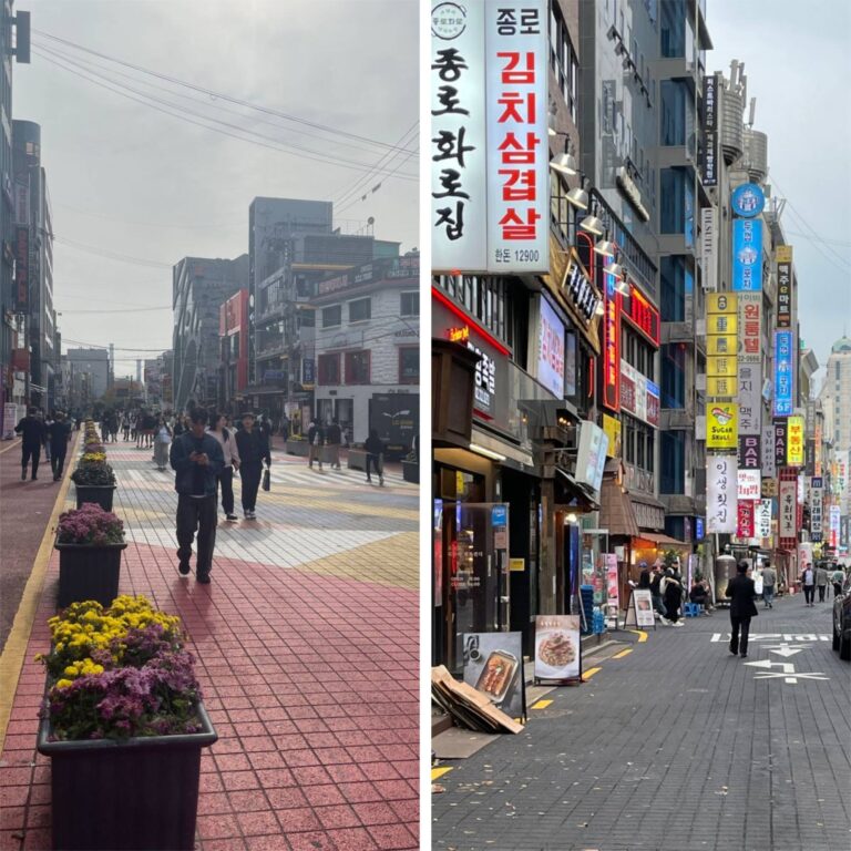 side by side photos of Hongdae or Myeongdong showing a notable street in each area