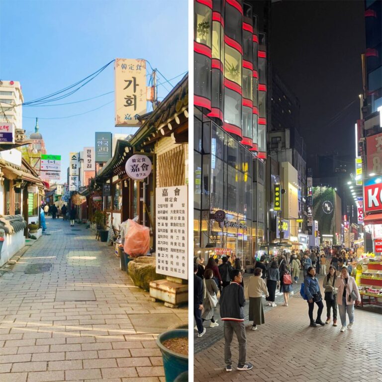 side by side photos comparing the streets of Insadong or Myeongdong in Seoul, Korea