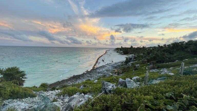 views of the entire Tulum Beach shoreline from it's National Park at sunset / is Tulum worth visiting