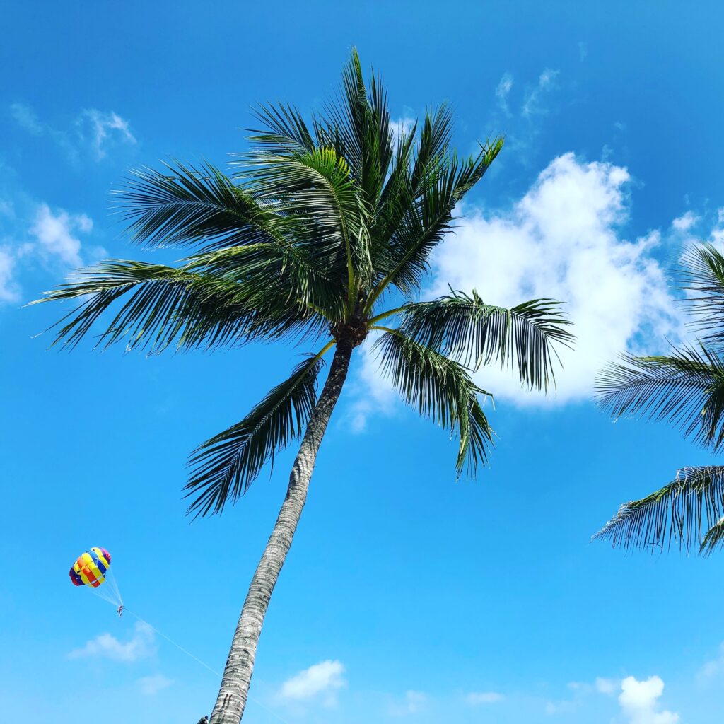 visitor parasailing high above the sea on a beautiful clear sunny day in Koh Samui, Thailand