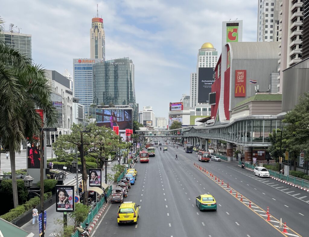 views of the many street lanes from an over street bridge in Bangkok / worst time to visit Bangkok