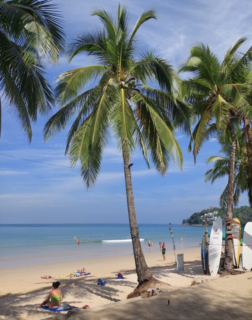 a woman under a few palm trees on a sunny clear day in Phuket, Thailand