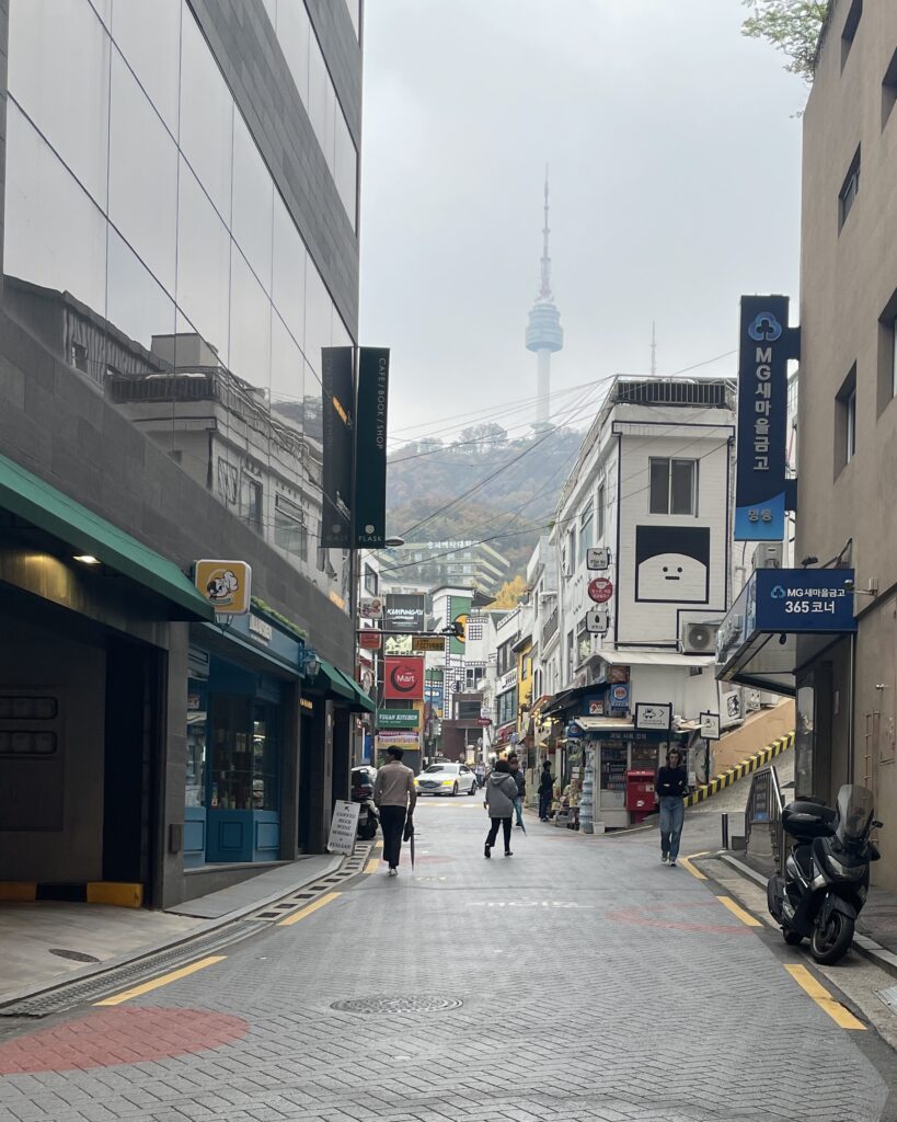 a few locals walking in the beautiful streets of Seoul, spotted ahead is the famous N Seoul Tower