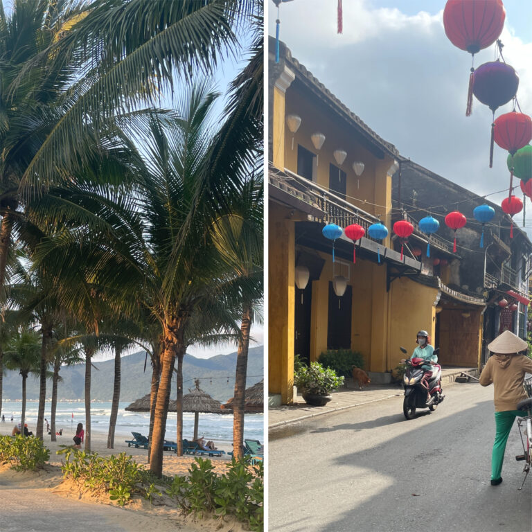 side by side comparisons of Da Nang or Hoi An, left side is Da Nang's famous My Khe Beach, on the right is a woman riding a bike in the Old Town of Hoi An, Vietnam