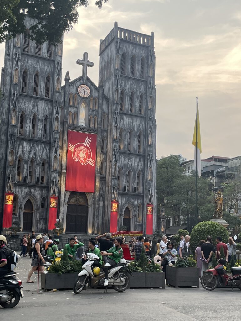 the stunning St Joseph Cathedral church in Hanoi during the evening time