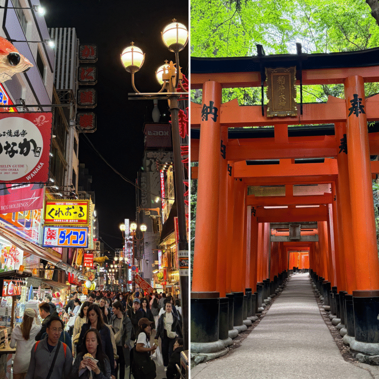 Side-by-side photo of Osaka’s riverfront and a famous Kyoto temple, showing the contrast between the two cities.