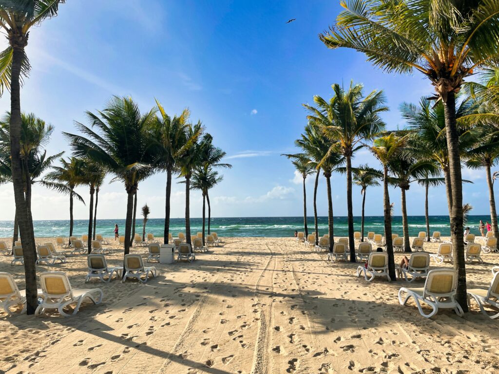 Rows of beach chairs on the white sand of Playacar with the turquoise sea stretching ahead, showcasing the area’s calm and upscale beachfront.