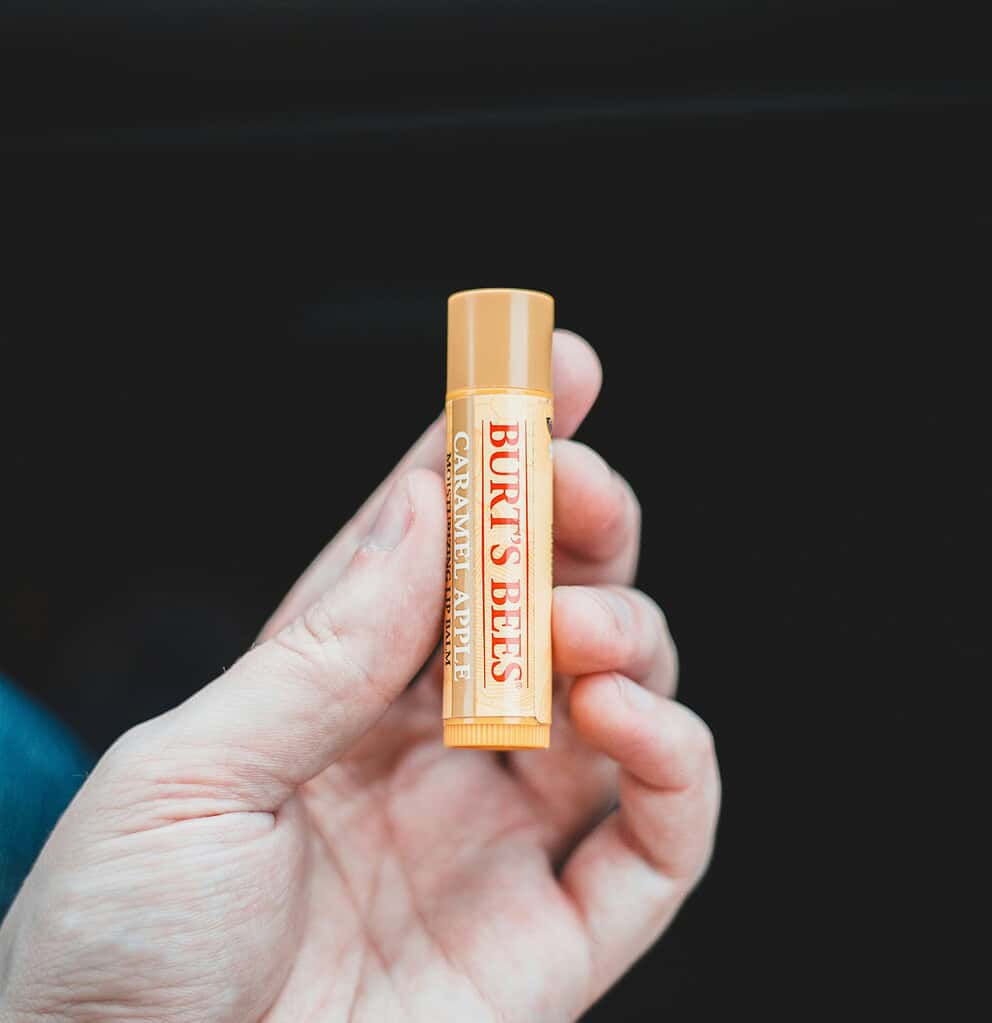 a person holding burts bees lip balm 