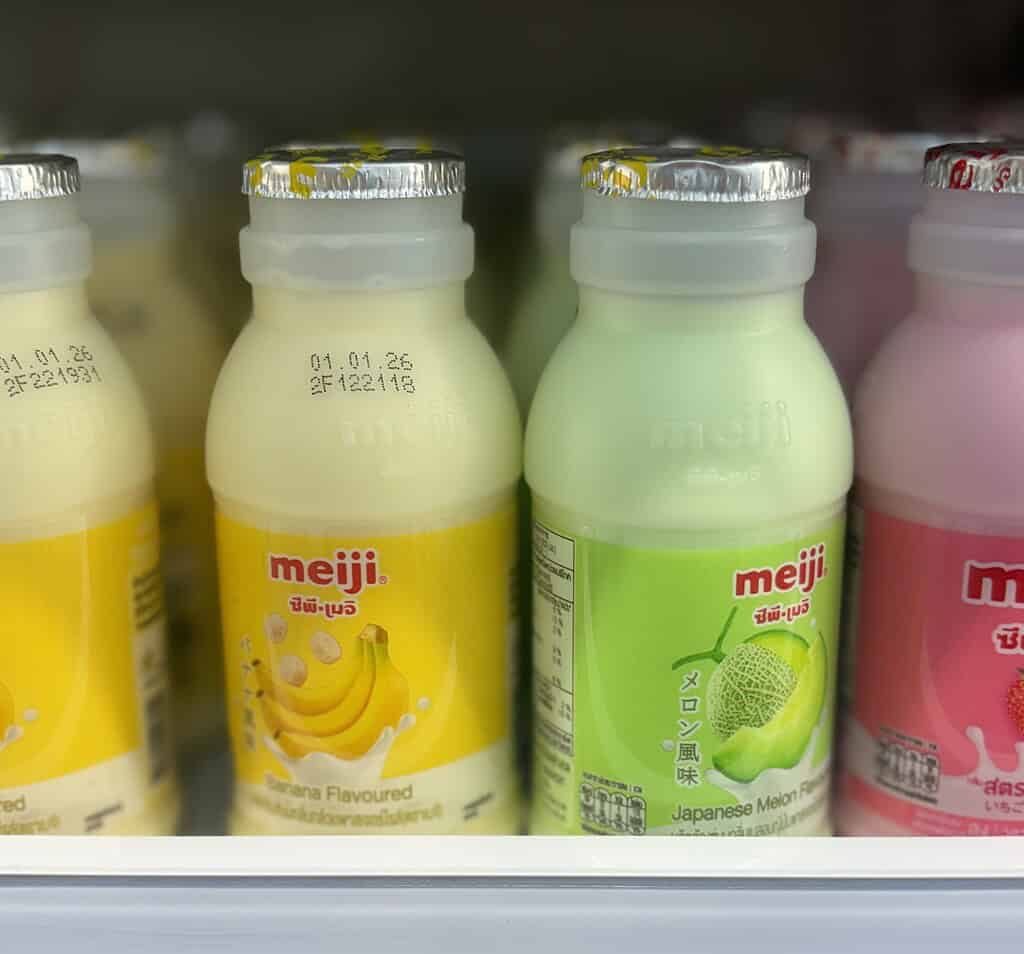 Meiji milkshakes from 7-Eleven Thailand, a creamy and refreshing bottled drink available in flavours like banana and melon.