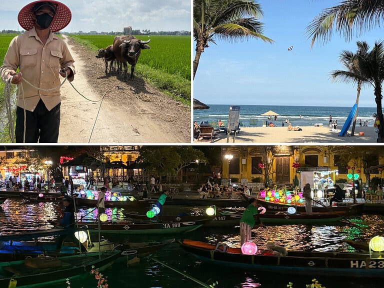 Lantern-lit street in Hoi An at sunset, traditional boats on the Thu Bon River, and white sands of My Khe Beach in Da Nang, a visual preview of Central Vietnam’s highlights.
