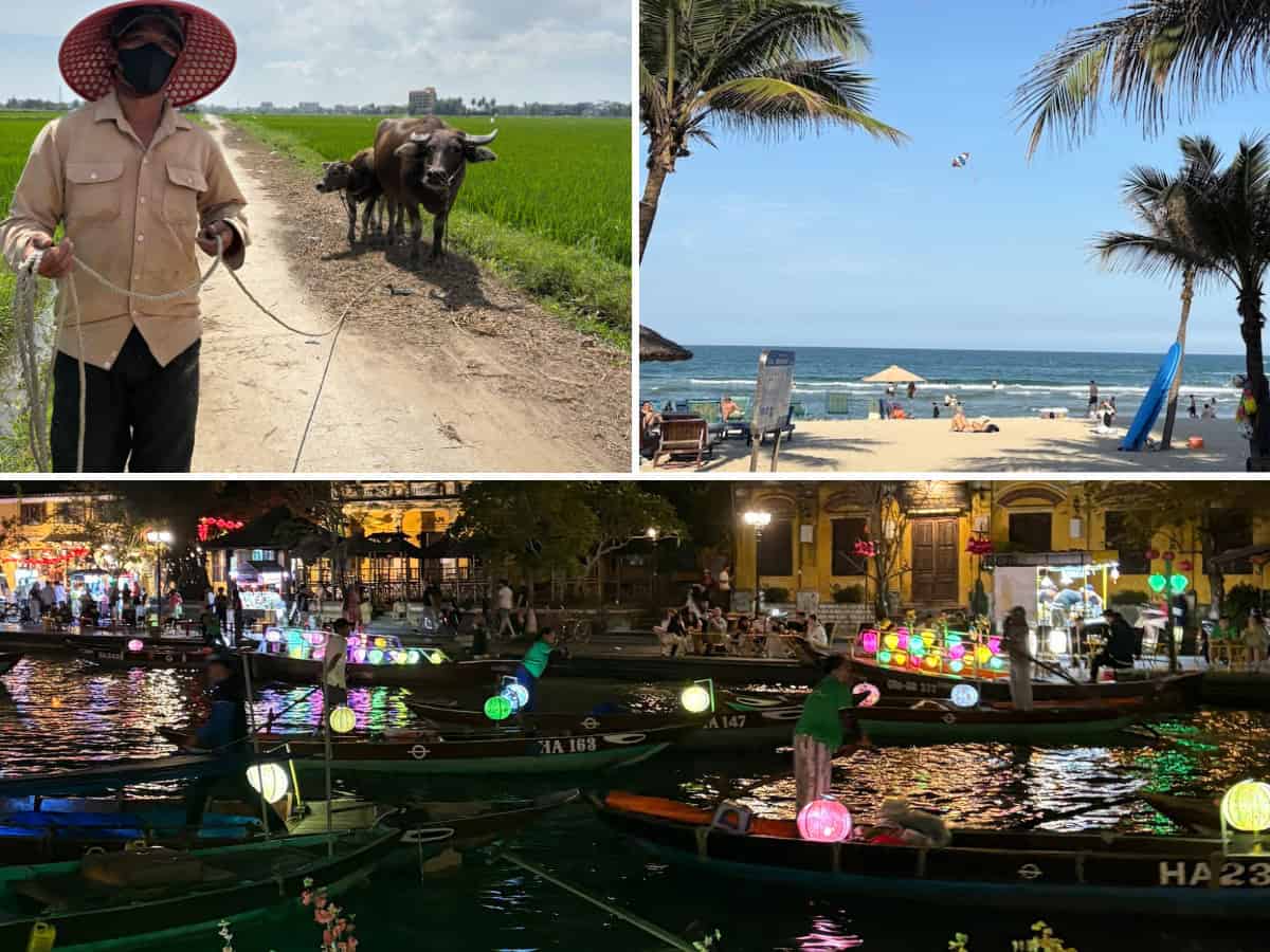 Lantern-lit street in Hoi An at sunset, traditional boats on the Thu Bon River, and white sands of My Khe Beach in Da Nang, a visual preview of Central Vietnam’s highlights.