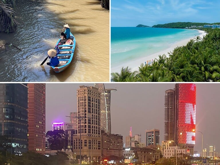 Split-screen featured image showcasing the Mekong Delta, Phu Quoc Island, and Ho Chi Minh City, representing the highlights of a 10-day Southern Vietnam itinerary.