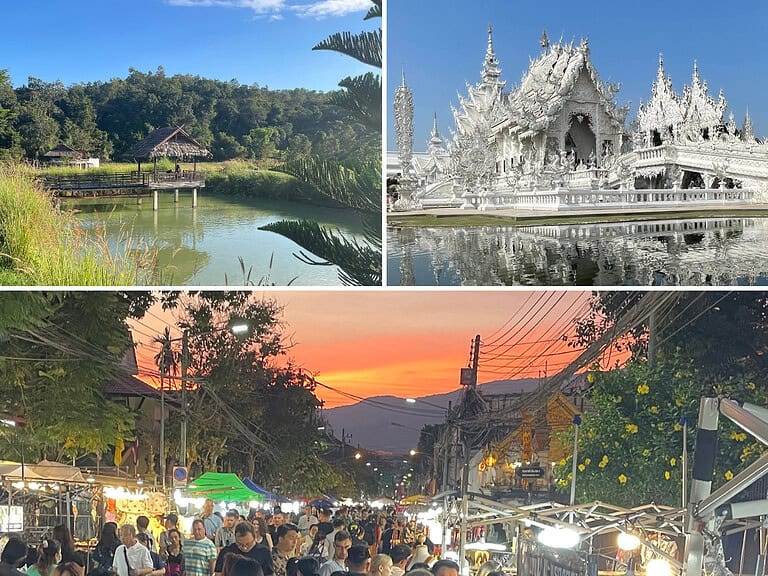 Northern Thailand itinerary featuring Pai valley, Chiang Rai White Temple, and Chiang Mai Sunday Night Market