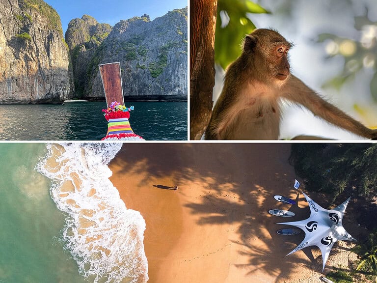 Southern Thailand itinerary collage with Phi Phi longtail boat, clear turquoise beach aerial, and close-up monkey on Monkey Beach, Phi Phi Islands