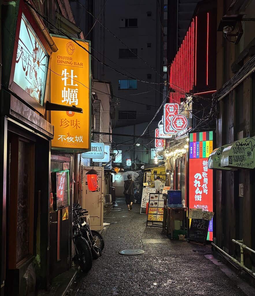 Narrow alleyway lined with glowing bar signs and lanterns in Shinjuku Kabukicho entertainment district Tokyo Japan