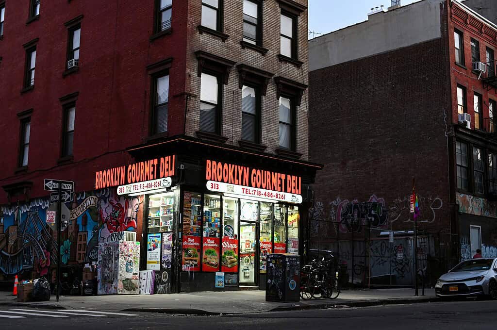 bodega shop at night in brooklyn