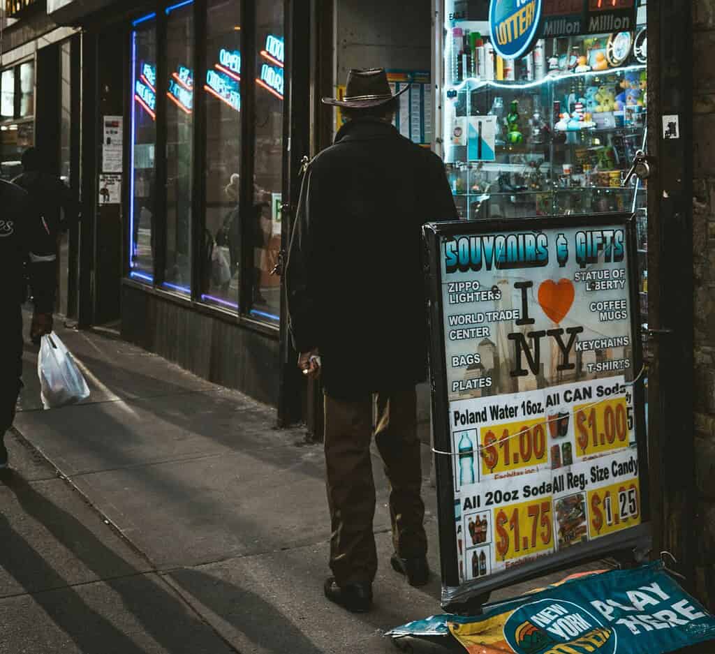 man standing in front of NYC souvenir shop i