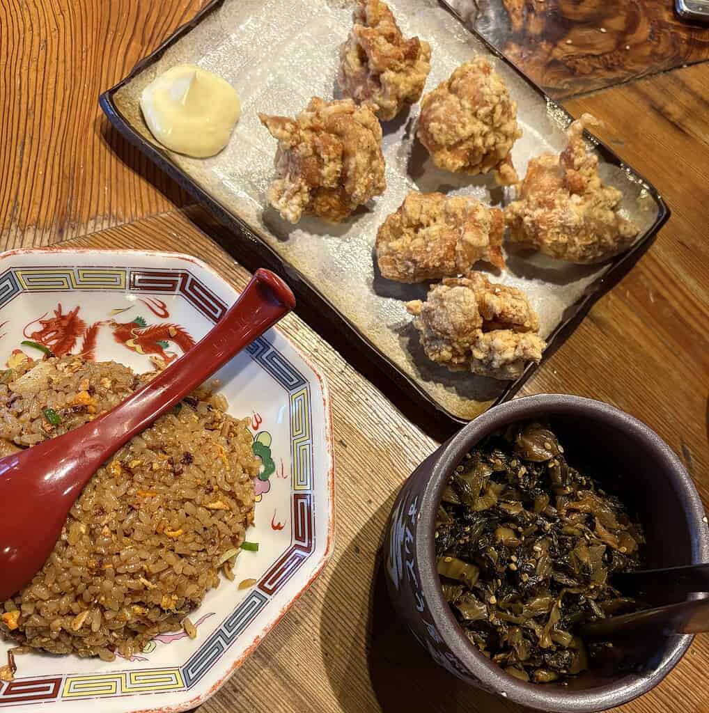 fried rice and karage chicken at a shop in Tokyo paid by cash