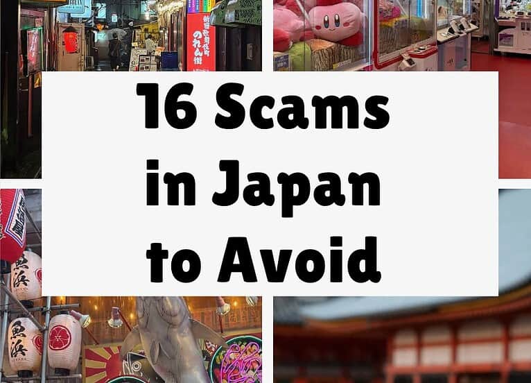 image saying "16 scams in Japan to avoid" with background of 4 images