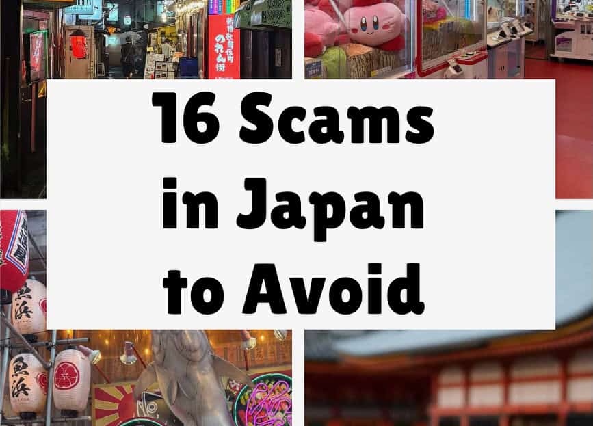 image saying "16 scams in Japan to avoid" with background of 4 images