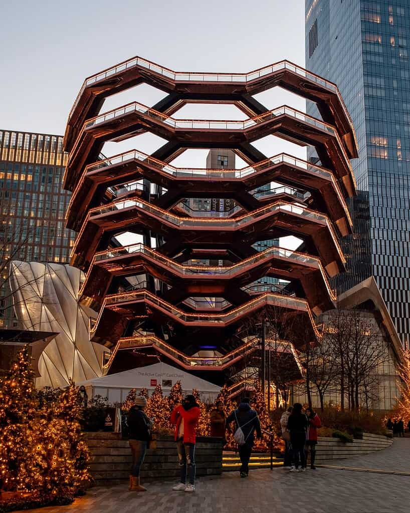 The famous Vessel building in NYC with decorations around it during Christmas time