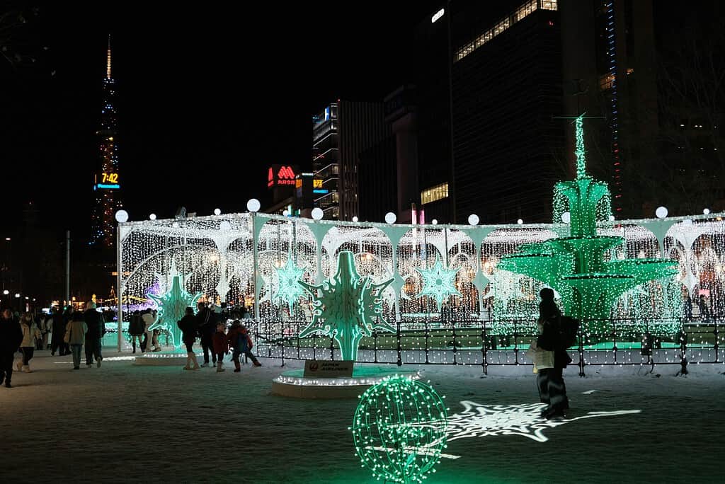 sculptures at night at the Sapporo snow festival in Japan