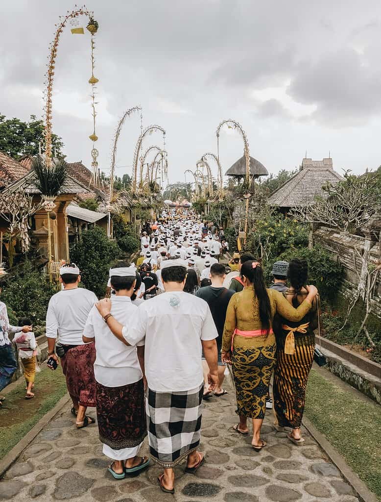 ceremony happening in Ubud Bali with many gathered 