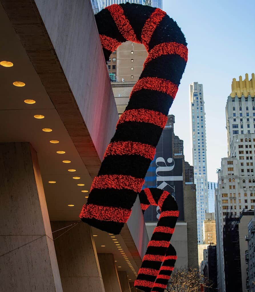 large candy cane lit up for Holiday decoration in NYC 