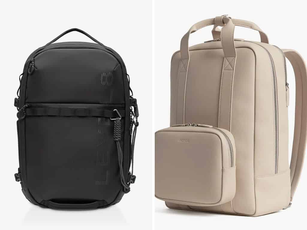 side by side photos of the Levels 8 Navigator backpack and Monos metro backpack