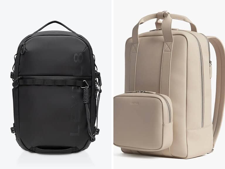side by side photos of the Levels 8 Navigator backpack and Monos metro backpack