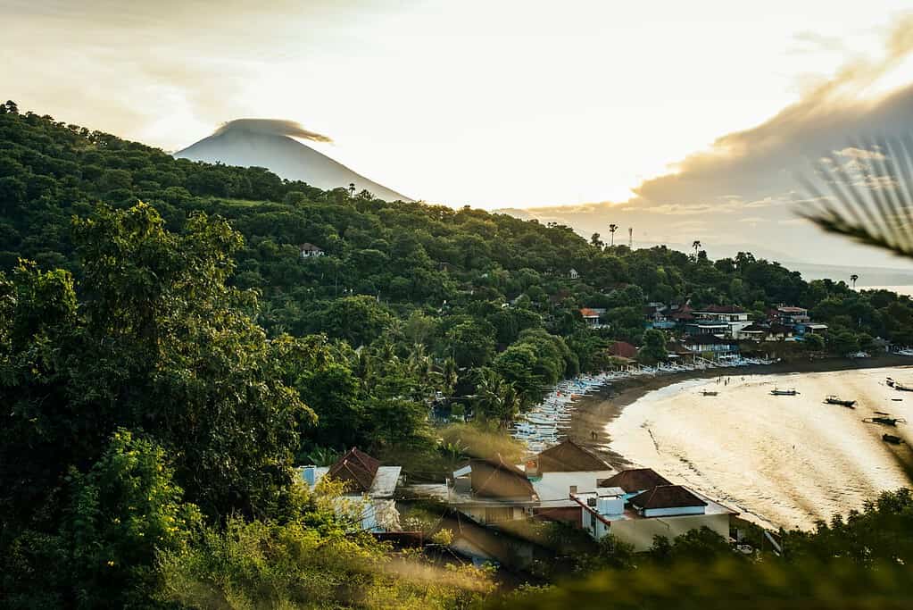 panoramic views of Amed beach at sunset in Bali