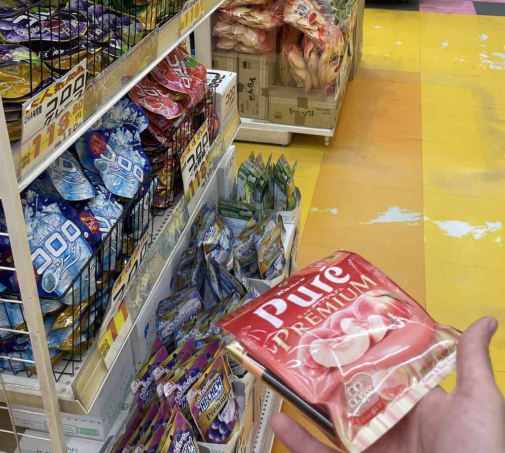 Pure peach candy among many snacks in a store in Tokyo