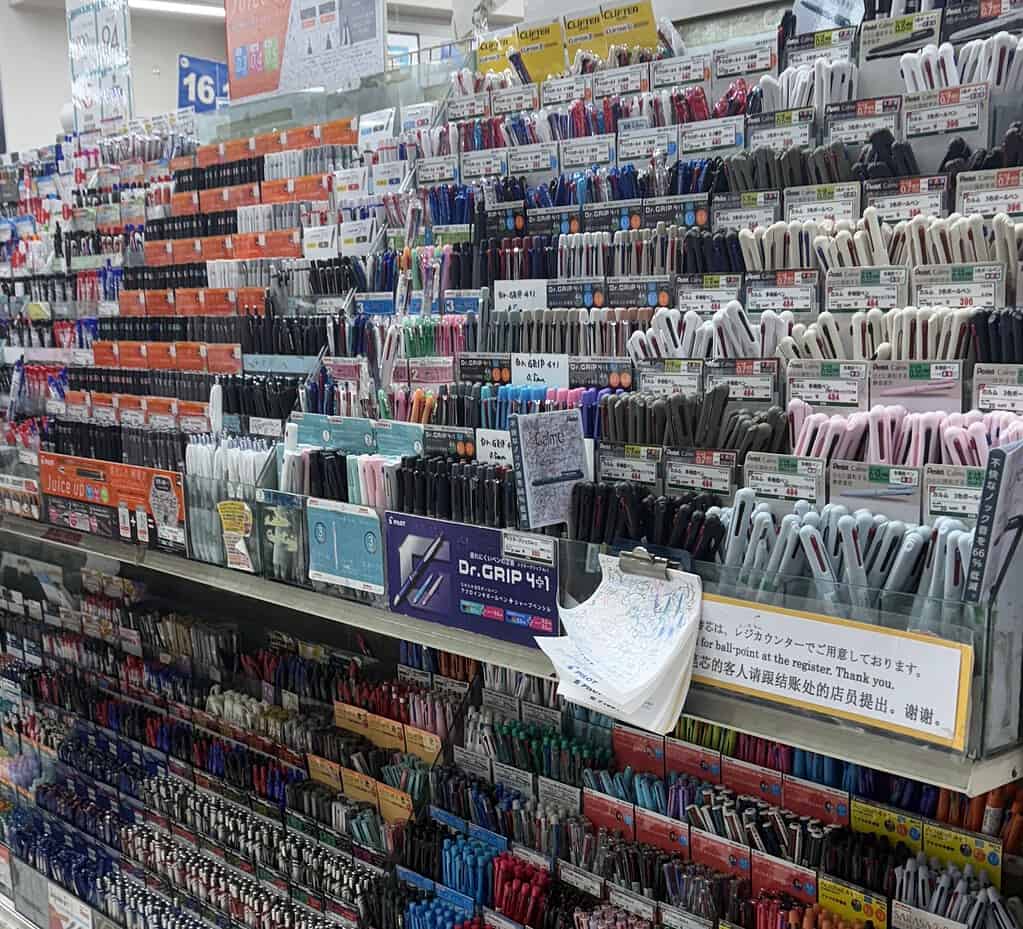 several pens at a large stationary store in Tokyo