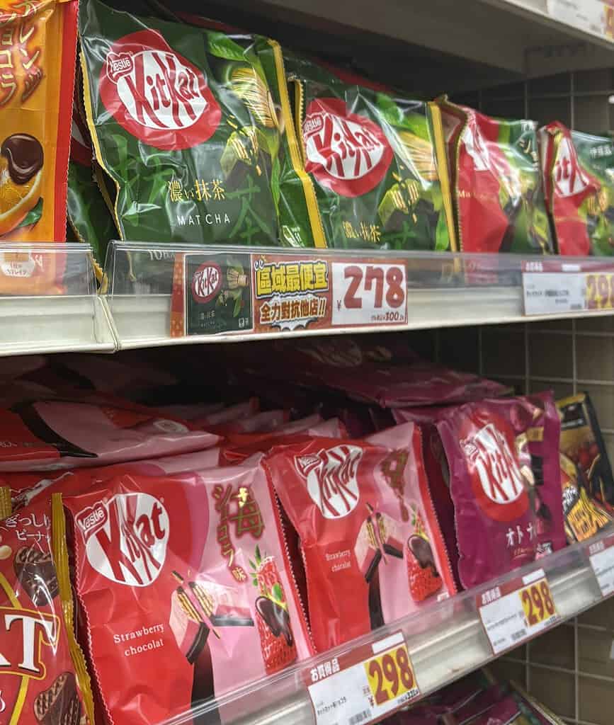 various kit kat flavours at a store in Japan